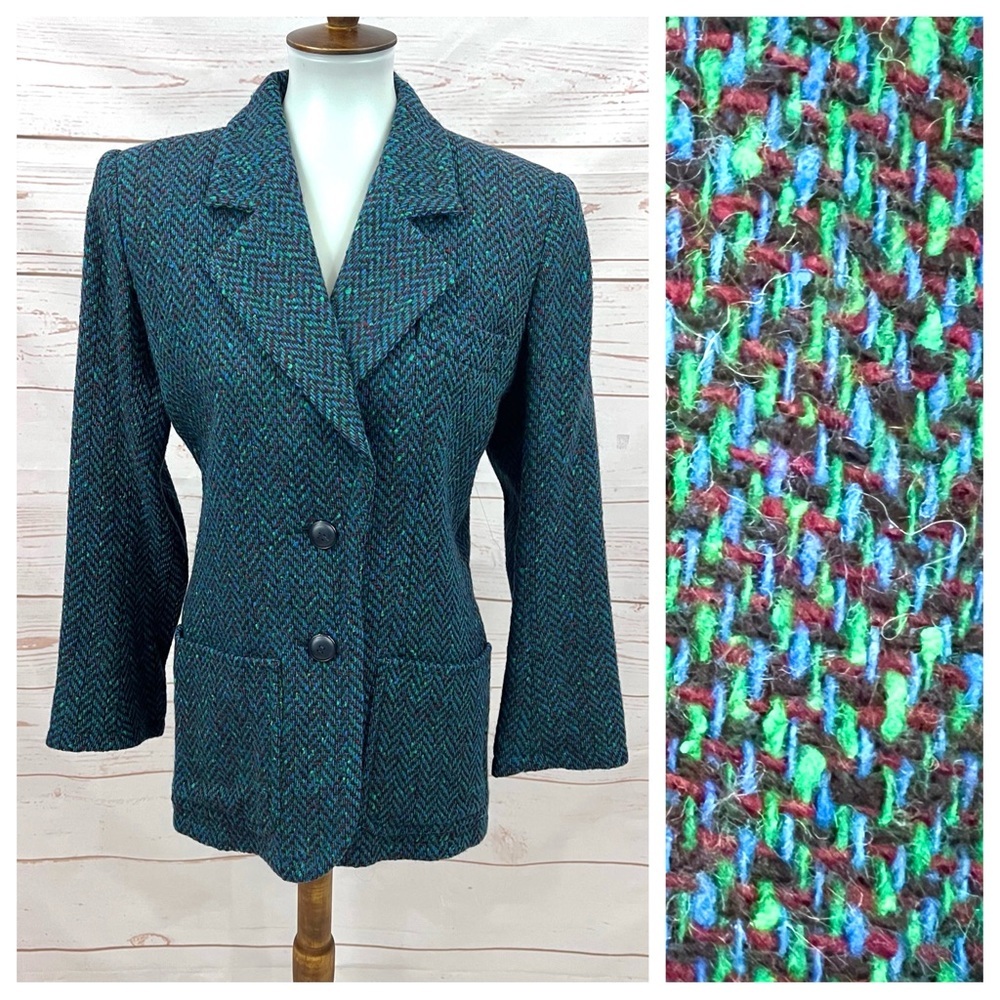 Vintage 80s 90s Saint Laurent Rive Gauche Teal Confetti Tweed Herringbone Blazer - Picture 2 of 11